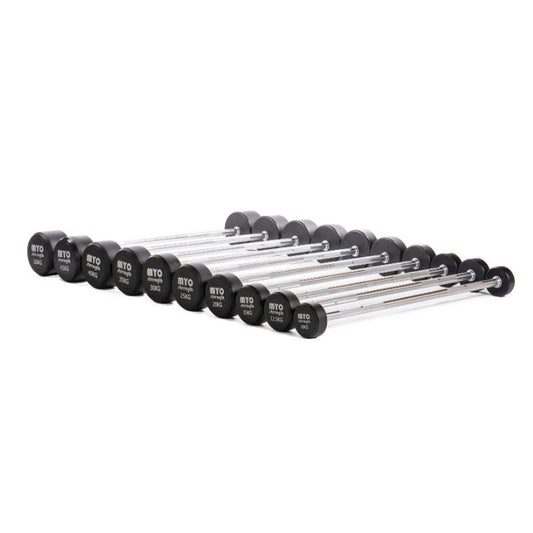 The MYO Strength Urethane Barbell Set features 10 fixed barbells (10kg–50kg), each with black and silver urethane finishes and labeled end caps, displayed diagonally on a white background.