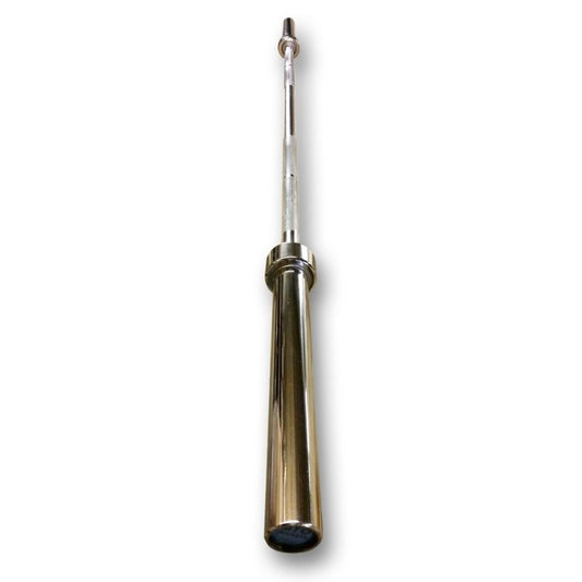 The MYO Strength - 5ft Olympic Bar – 13kg by MYO Strength is shown from a low angle, highlighting its knurled grip, rotating sleeves, and spring steel end cap, set against a white background—ideal for intense strength training.