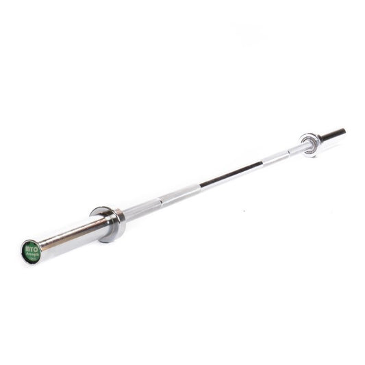 The MYO Strength - 6ft Olympic Bar – 15kg, made from high-grade spring steel, features a green MYO Strength logo on the end cap and is shown against a white background.