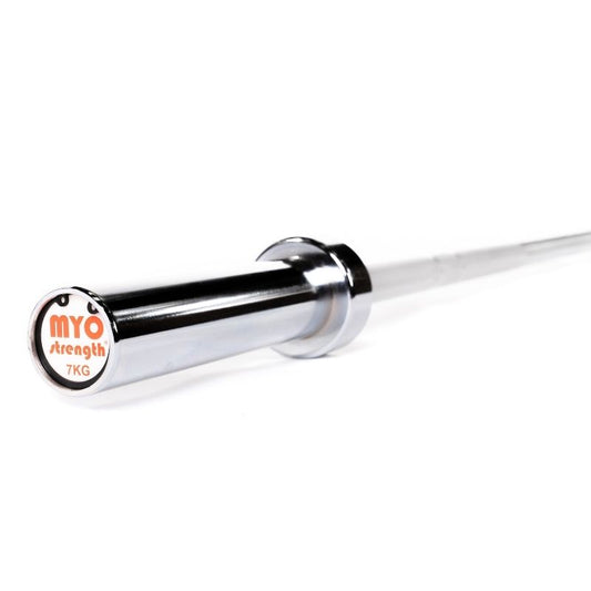 A lightweight, durable MYO Strength 6ft Olympic Training Bar (7kg) is shown on a white background, with a close-up of the handle end labeled in orange and red text, crafted from high-quality aluminium.