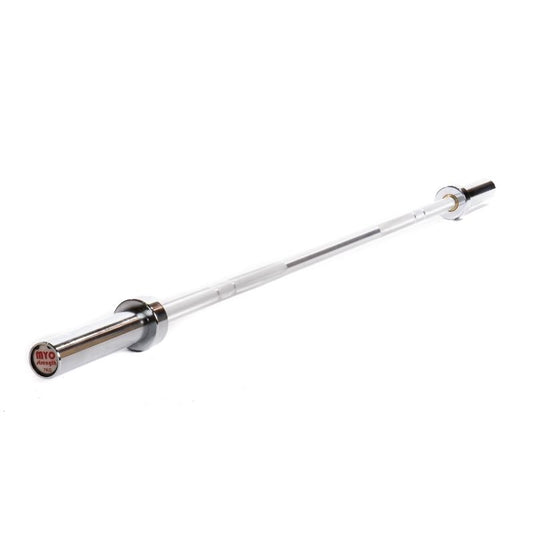 A lightweight, durable MYO Strength 6ft Olympic Training Bar (7kg) is shown on a white background, with a close-up of the handle end labeled in orange and red text, crafted from high-quality aluminium.