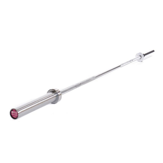 A close-up of the MYO Strength - 7ft Olympic Bar (1000lbs Tested) – 15kg end shows a pink label with white MYO Strength 15KG text, emphasizing its durability and robust build.