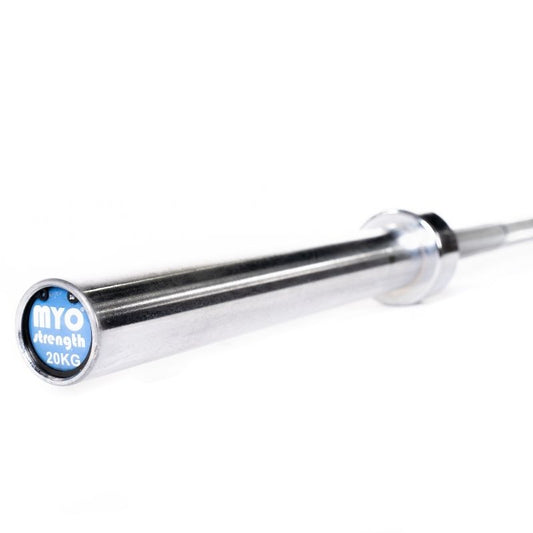 A close-up of the MYO Strength - 7ft Olympic Bar – 20kg by MYO Strength, featuring a blue 20KG cap, ideal for strength training, set against a white background.