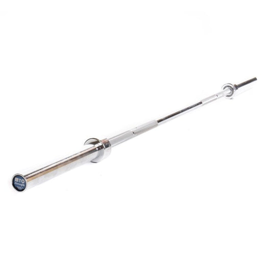A close-up of the MYO Strength - 7ft Olympic Bar – 20kg by MYO Strength, featuring a blue 20KG cap, ideal for strength training, set against a white background.