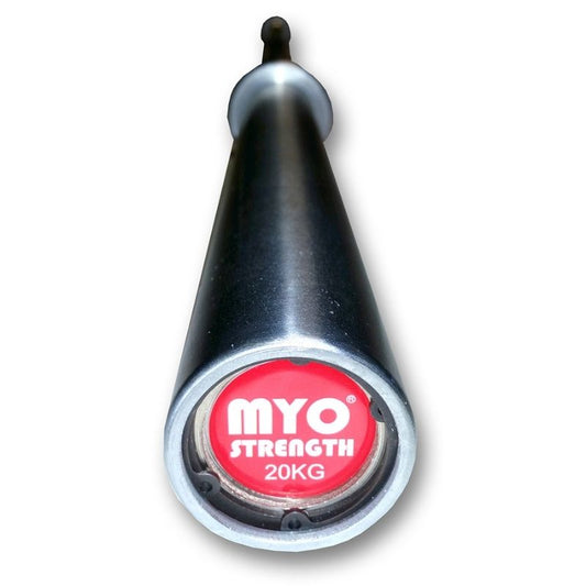 Close-up of the MYO Strength - 7ft Olympic Bar (1500lbs Tested) – 20kg, featuring a circular red cap with MYO STRENGTH 20KG in white text. Ideal for strength athletes and competition training; background is white.