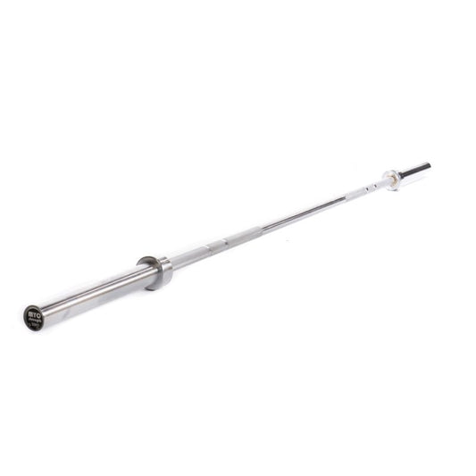 The MYO Strength - 8ft Olympic Bar – 22kg by MYO Strength is a precision-built, long silver barbell with a black end cap, shown diagonally on a white background.