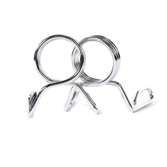 A pair of MYO Strength Olympic Spring Collars by MYO Strength, crafted from durable spring steel with looped handles, sit side by side on a white background—ideal for securing weight plates in your gym.