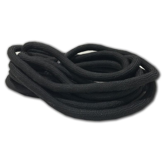 The MYO Strength - Battle Ropes by MYO Strength, featuring a thick black braided design, are coiled and displayed against a white background.