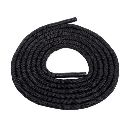 The MYO Strength - Battle Ropes by MYO Strength, featuring a thick black braided design, are coiled and displayed against a white background.