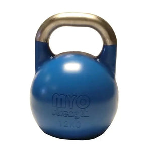 The MYO Strength Competition Kettlebell, made of hollow steel with a 35mm handle and color-coded by weight (4–40kg), is ideal for competition training and available for UK delivery.