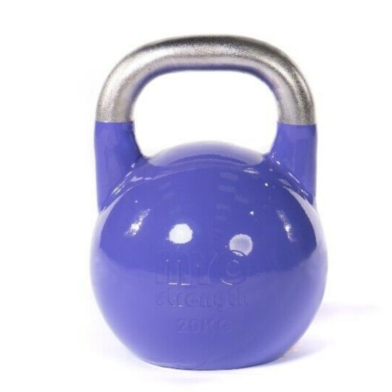 A 20KG MYO Strength Competition Kettlebell by MYO Strength, purple with a smooth silver handle, perfect for functional strength training, shown on a white background.