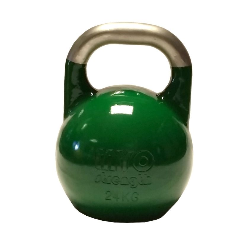 A 24KG MYO Strength Competition Kettlebell by MYO Strength, green with a smooth silver handle, perfect for functional strength training, shown on a white background.