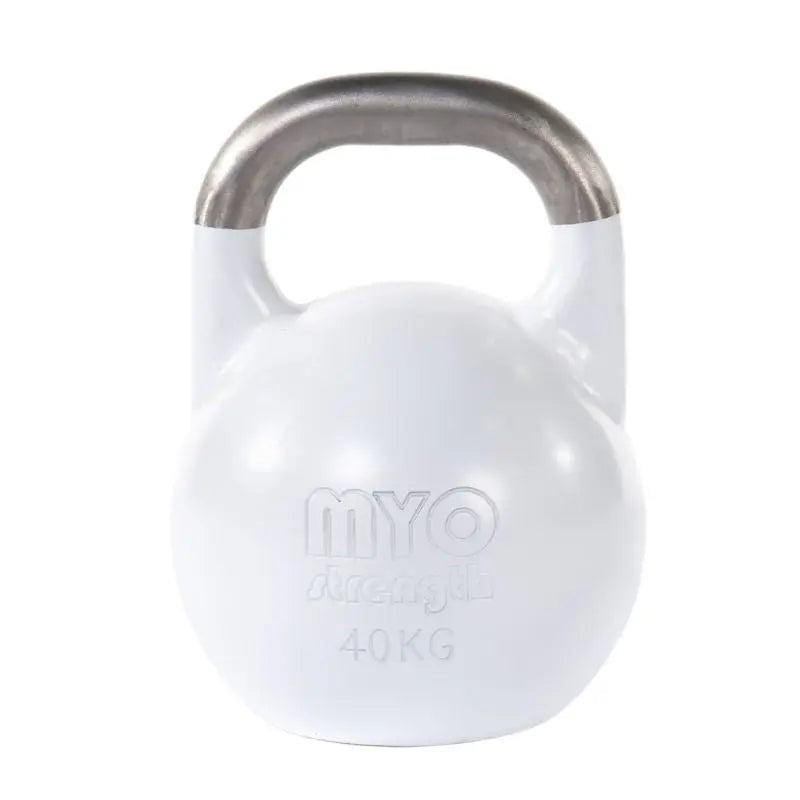 The MYO Strength Competition Kettlebell, made of hollow steel with a 35mm handle and color-coded by weight (4–40kg), is ideal for competition training and available for UK delivery.
