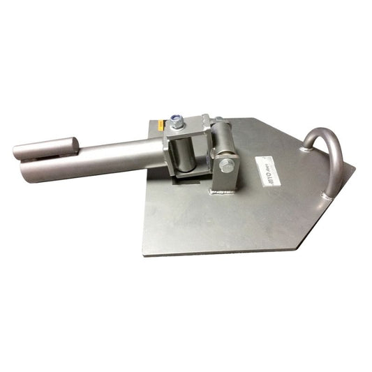 The MYO Strength - Core Plate by MYO Strength features a hexagonal, anti-slip rubber base, a horizontal cylindrical attachment, a vertical bolt, and a curved handle—ideal for fall protection systems on roofs.