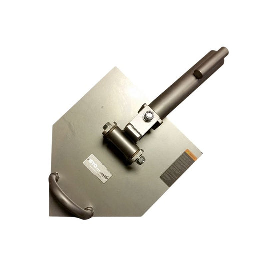 The MYO Strength - Core Plate by MYO Strength features a hexagonal, anti-slip rubber base, a horizontal cylindrical attachment, a vertical bolt, and a curved handle—ideal for fall protection systems on roofs.