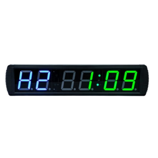The MYO Strength - Digital Wall Timer by MYO Strength features an LED display showing 12:01:09—hours in blue, minutes and colon in white, seconds in green—in a black rectangular casing, ideal as a wall timer for interval sessions.