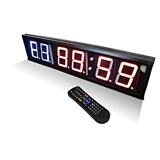 The MYO Strength - Digital Wall Timer by MYO Strength features an LED display showing 12:01:09—hours in blue, minutes and colon in white, seconds in green—in a black rectangular casing, ideal as a wall timer for interval sessions.