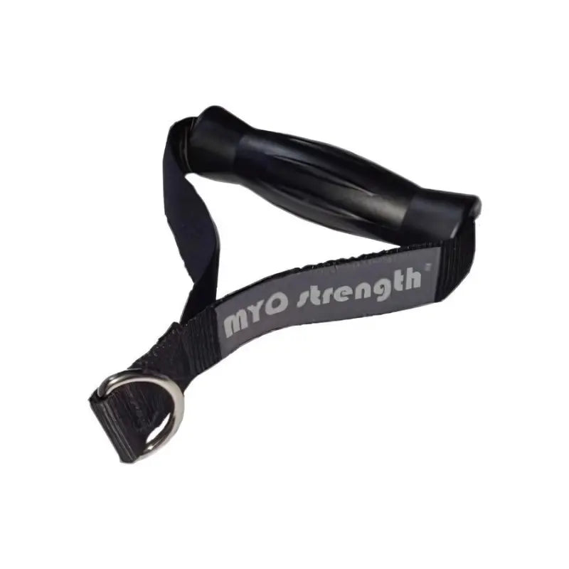 The MYO Strength Fabric Stirrup Handle – Soft Grip Cable Attachment features a black ergonomic grip, adjustable nylon strap, and white MYO Strength logo—perfect for versatile cable workouts.