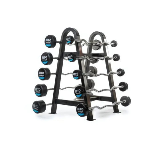 Black metal fixed barbell rack on a white background