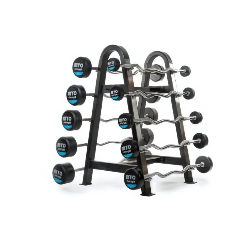 Black metal fixed barbell rack on a white background