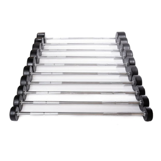 A set of ten MYO Strength Rubber Barbells (Fixed Bar, 10kg-50kg) with black rubber weights and chrome handles, labeled by weight, neatly arranged in parallel rows—ideal for commercial gym setups.