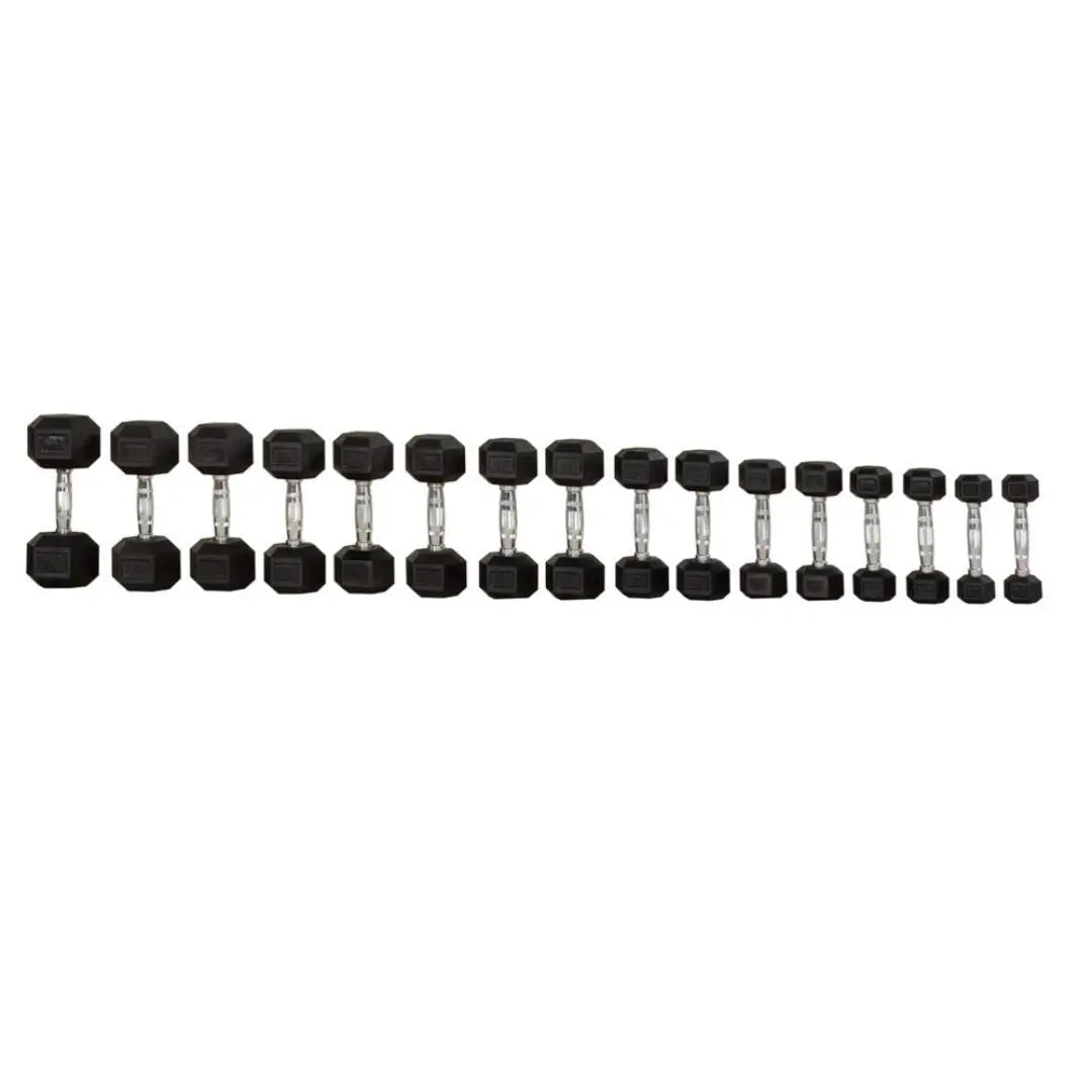 Two MYO Strength Hex Rubber Dumbbells with metal handles, each 20kg, are placed on a white background. Their anti-roll design and durable build offer stability and long-lasting performance. Set range: 2.5kg-25kg (10 pairs).