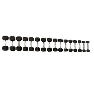 Two MYO Strength Hex Rubber Dumbbells with metal handles, each 20kg, are placed on a white background. Their anti-roll design and durable build offer stability and long-lasting performance. Set range: 2.5kg-25kg (10 pairs).