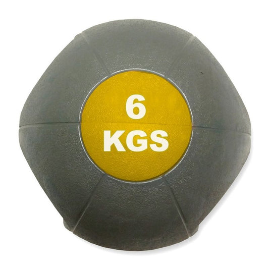 The MYO Strength - Double Grip Medicine Ball by MYO Strength is grey with a yellow center and white 6 KGS text—ideal for core exercises and functional training.