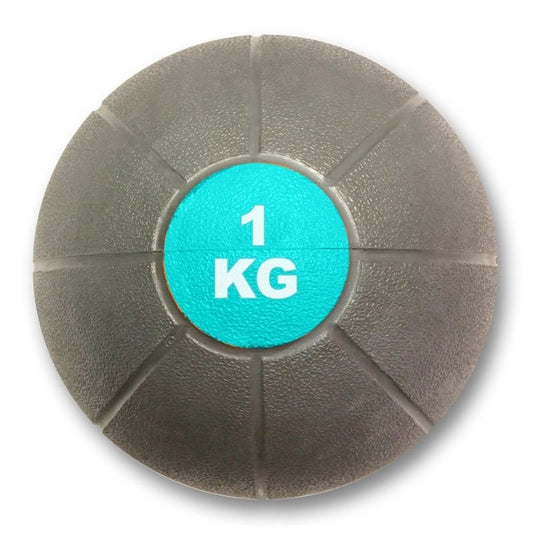 The MYO Strength - Medicine Ball by MYO Strength is a round, textured gray ball with a blue center marked 1 KG in bold white letters, ideal for core conditioning and functional training, shown from above on a white background.