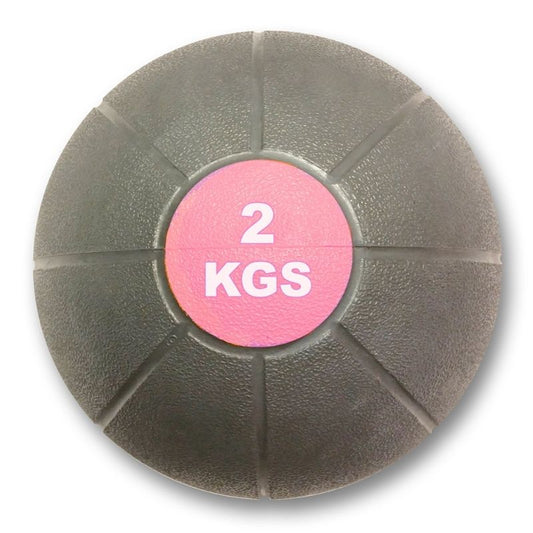 The MYO Strength - Medicine Ball by MYO Strength is a round, textured gray ball with a red center marked 2 KG in bold white letters, ideal for core conditioning and functional training, shown from above on a white background.