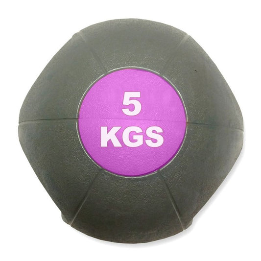 The MYO Strength - Double Grip Medicine Ball by MYO Strength is grey with a purple center and white 5 KGS text—ideal for core exercises and functional training.