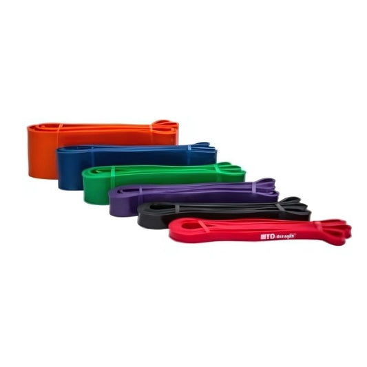 Six MYO Strength - Resistance Bands by MYO Strength in orange, blue, green, purple, black, and red are neatly coiled on a white background. Made from seamless latex rubber, theyre ideal for strength training routines.