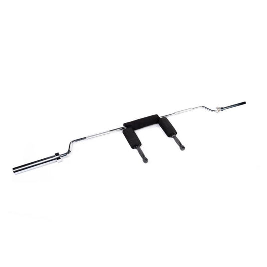 The MYO Strength -Safety Squat Bar – 22kg by MYO Strength features padded shoulder rests, handles, a chrome finish, and angled sleeves to reduce shoulder and wrist strain while targeting the posterior chain. Shown on a white background.