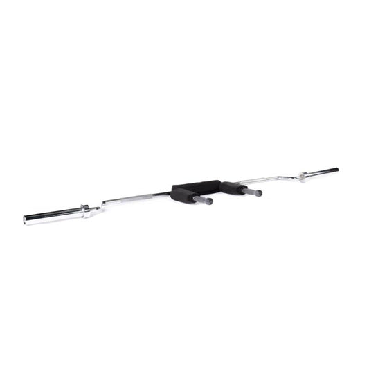 The MYO Strength -Safety Squat Bar – 22kg by MYO Strength features padded shoulder rests, handles, a chrome finish, and angled sleeves to reduce shoulder and wrist strain while targeting the posterior chain. Shown on a white background.