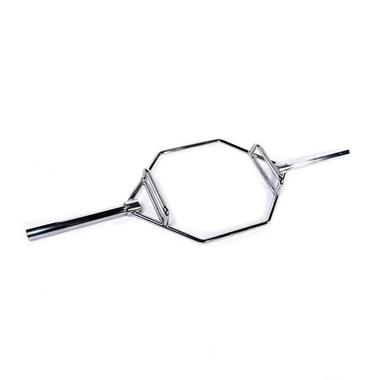 The MYO Strength - Olympic Shrug Bar – 20kg by MYO Strength features a chrome hexagonal design with raised handles, ideal for strength training and weightlifting, displayed on a white background.