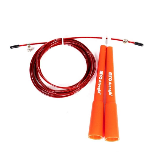The MYO Strength - Speed Rope features a red cable, orange handles, and adjustable metal screws—ideal for CrossFit or MMA training.