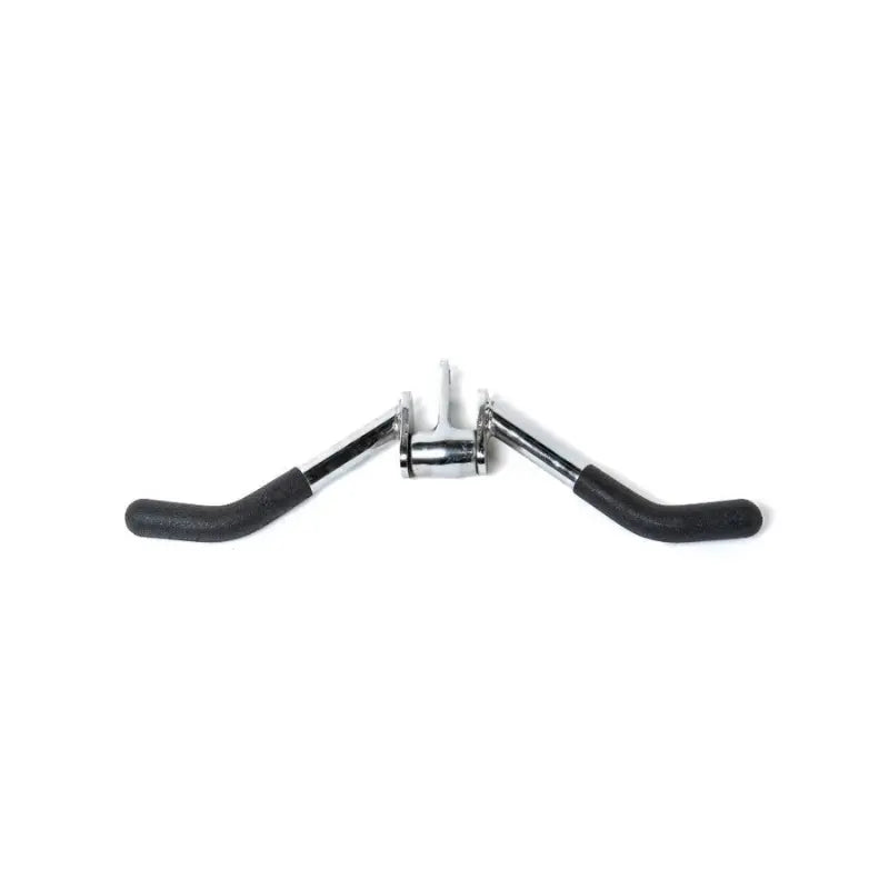 The MYO Strength Cable Attachment – V-Bar with PU Grips by MYO Strength features chrome handlebars with black PU grips, resembling ergonomic gym handles, and is photographed on a white background.