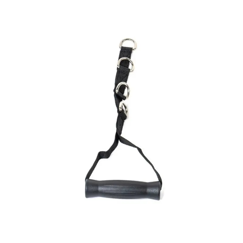 The MYO Strength Fabric Adjustable Stirrup Handle – 30cm by MYO Strength is a black nylon strap with three metal rings and a plastic handle, ideal as a gym accessory or exercise cable attachment, shown against a white background.