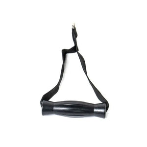 The MYO Strength Fabric Stirrup Handle – Soft Grip Cable Attachment features a black ergonomic grip, adjustable nylon strap, and white MYO Strength logo—perfect for versatile cable workouts.