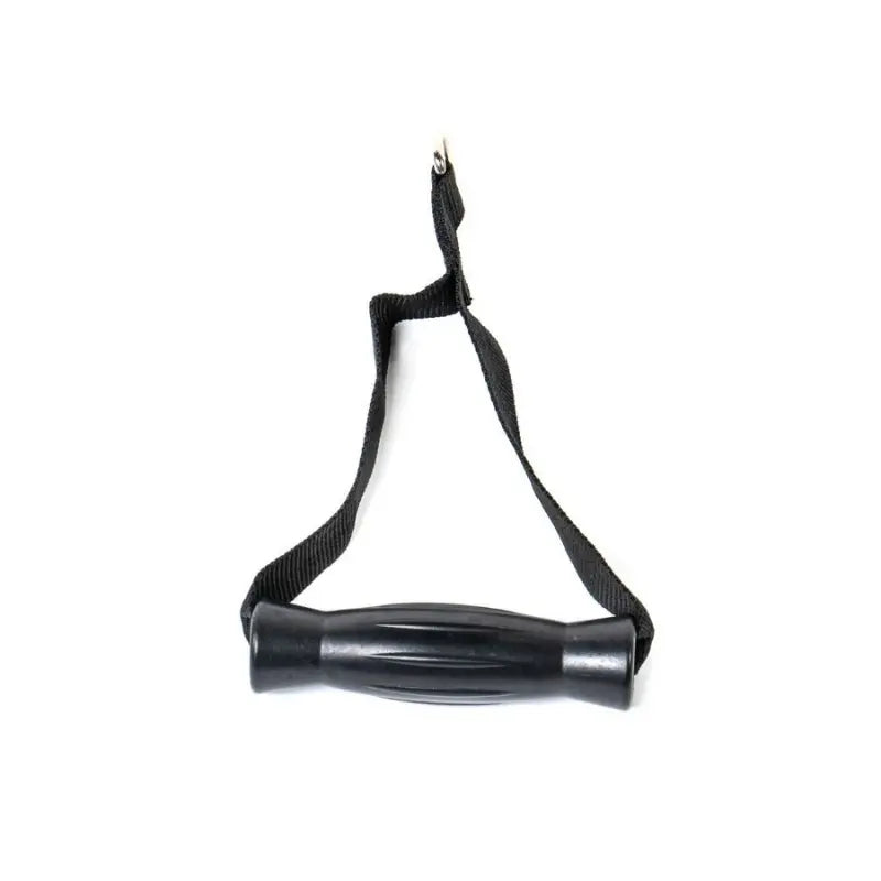 The MYO Strength Fabric Stirrup Handle – Soft Grip Cable Attachment features a black ergonomic grip, adjustable nylon strap, and white MYO Strength logo—perfect for versatile cable workouts.
