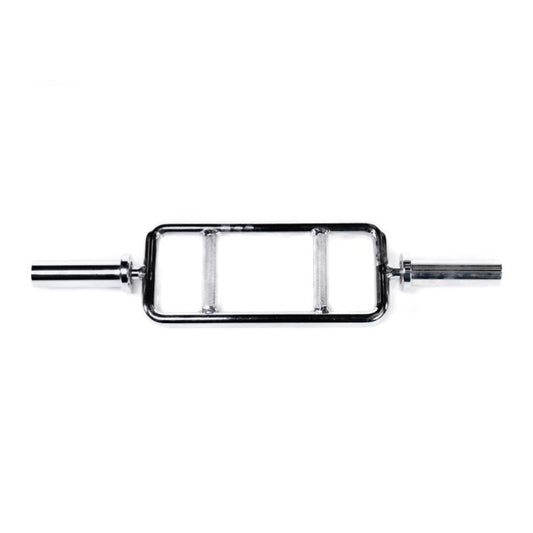 The MYO Strength -Tricep Bar – 10kg by MYO Strength is a chrome-plated Olympic bar with a rectangular center, dual parallel grip handles, ergonomic design, and cylindrical sleeves for weight plates. The background is plain white.