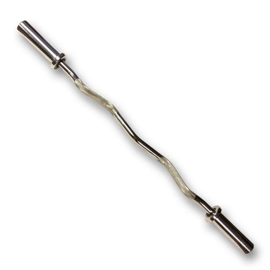 The MYO Strength - EZ Curl Bar – 10kg by MYO Strength features an ergonomic angled design with round sleeves for effective weightlifting, shown against a white background.