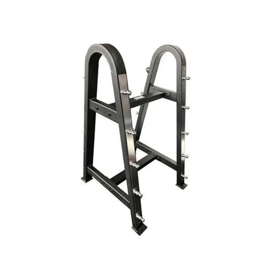 Black metal fixed barbell rack on a white background