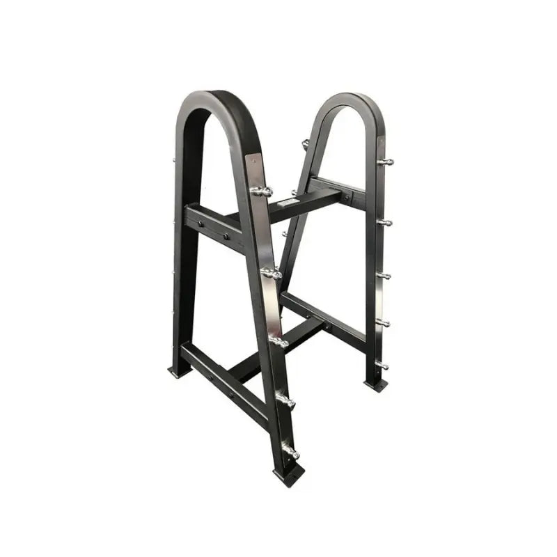Black metal fixed barbell rack on a white background