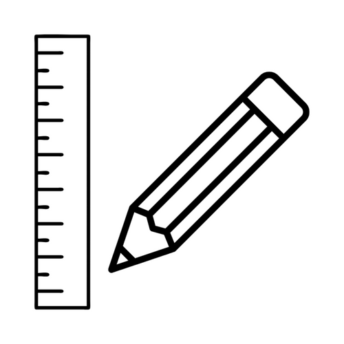 Black line drawing of a ruler and pencil on a white background