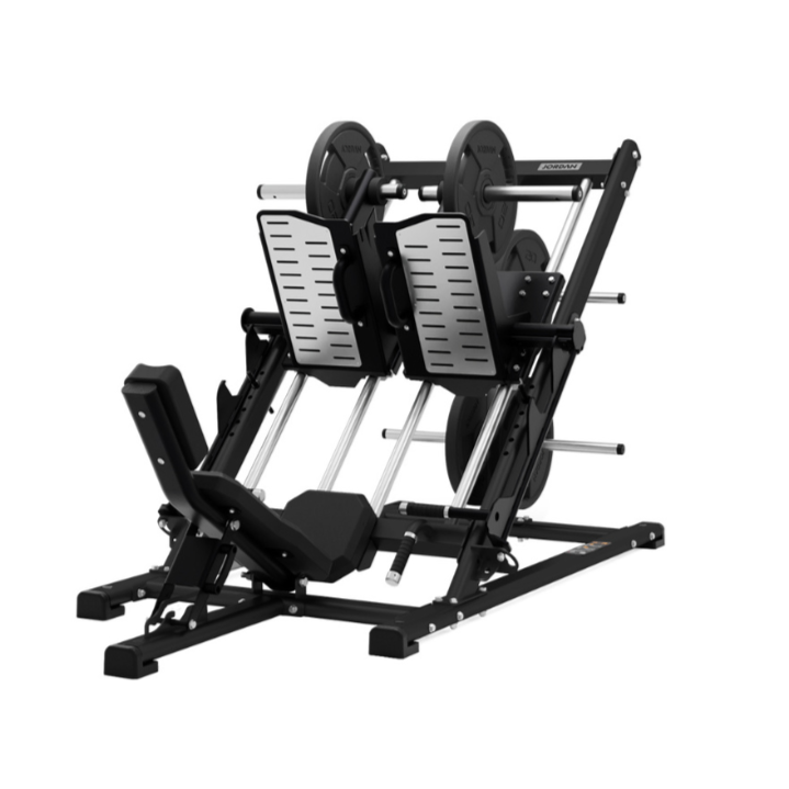 Black and silver leg press machine on a white background