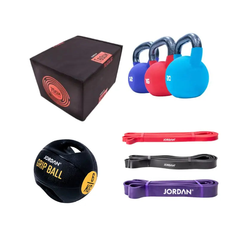 The Home Gym Pro Quick Start Athlete’s Bundle – Strength, Power & Conditioning Kit includes a black plyo box, three colored kettlebells, a black grip ball, and resistance bands in red, black, and purple to build explosive strength.