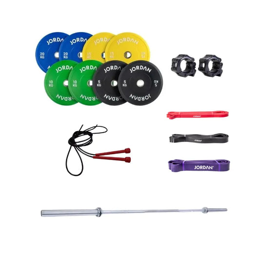 The Home Gym Pro Quick Start CrossFitter’s Bundle features a barbell, bumper plates, two collars, resistance bands, and a jump rope on a white background—ideal for starting your home gym or CrossFit routine.