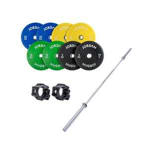 The Home Gym Pro Quick Start Lifter’s Bundle – Strength Training Starter Kit features colorful bumper plates, an Olympic barbell, and black collars on a white background—ideal for any home gym.