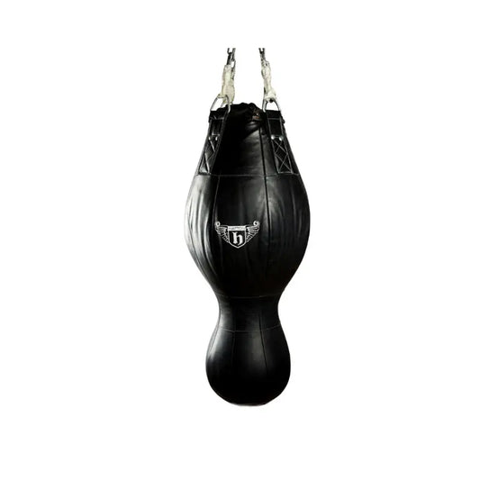 The Hatton Boxing Triple Punch Bag, a black teardrop-shaped 3-in-1 training bag with leather and PU options, hangs from metal chains. It features a white winged logo on the upper section and is ideal for versatile boxing workouts.